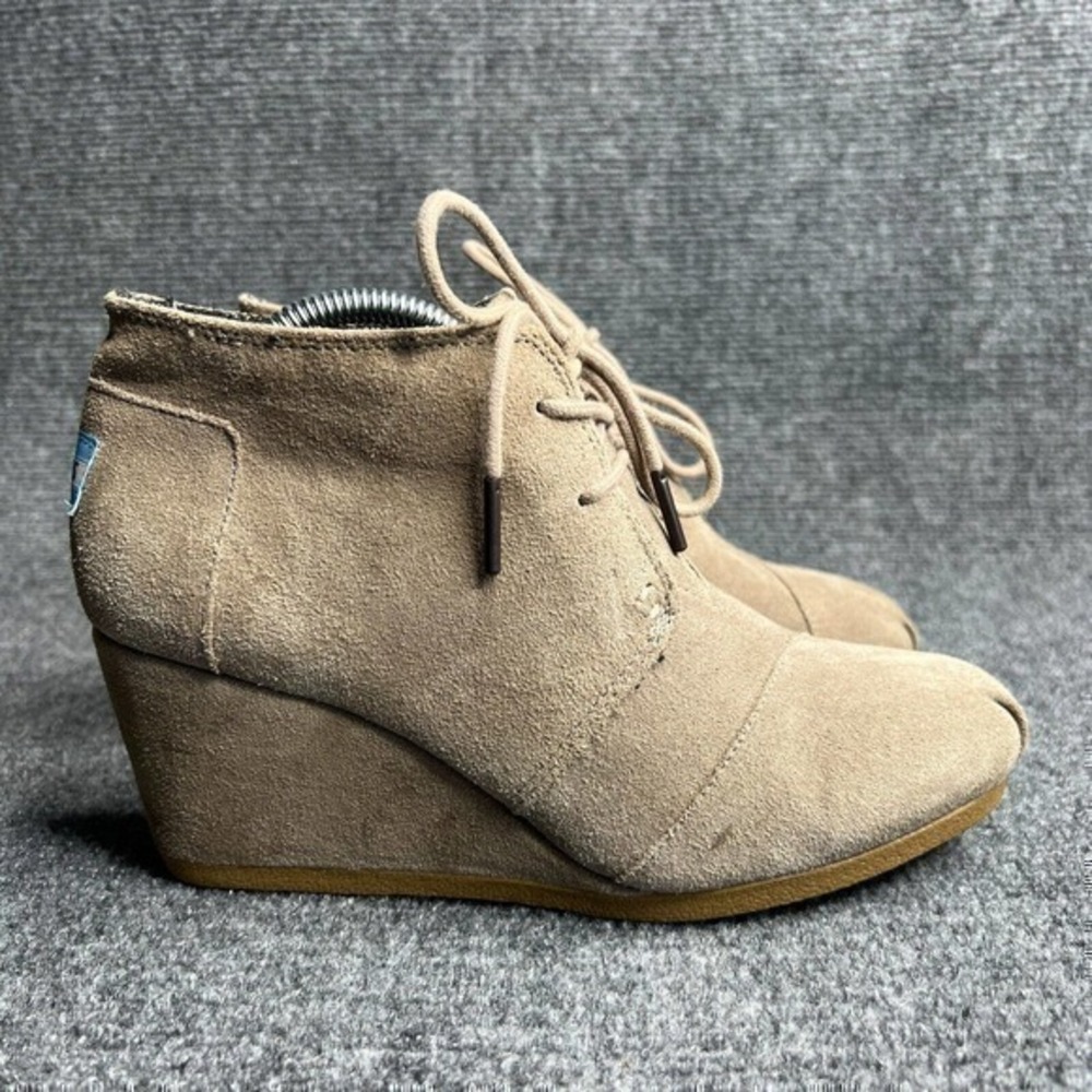 Toms Desert Wedge Booties Womens 7 Tan Taupe Suede Leather Ankle Boots Shoes
